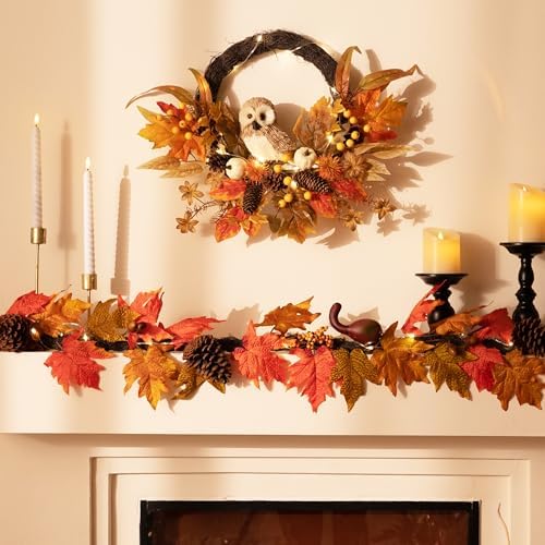Valery Madelyn 18'' Fall Wreath for Front Door with Owl Pumpkin - Image 2
