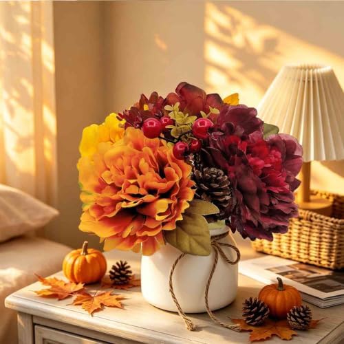 Fall Centerpieces for Tables, Fake Fall Flowers in Vase Orange Fake Peonies for Home Kitchen Fall Floral Arrangement Farmhouse Fall Harvest Thanksgiving Dinner Autumn Decor（Fall Orange Red） - Image 6