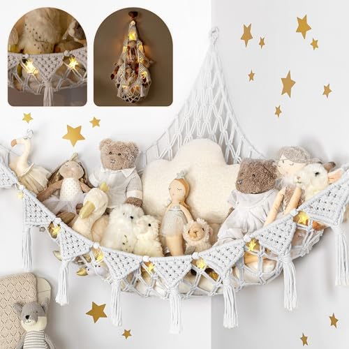 TIDYTEDS Snow White Macrame DreamLights Boho Stuffed Animal Storage Net (Extra Large) and Hammock for Small Plushies - Pure Cotton by TIDYTEDS