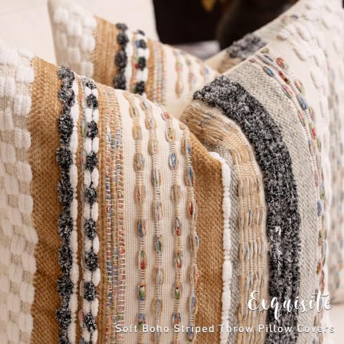 Boho Chenille Tufted Throw Pillow Covers 18x18 Inch Set of 2 Farmhouse Brown Woven Striped Decorative Pillowcases for Couch Sofa Bed - Image 5