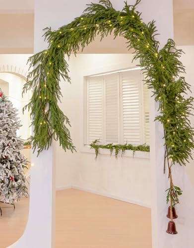 MISSPIN 9ft Christmas Garland with LED Lights, Real Touch Norfolk Pine Garland, Green Artificial Greenery Garland for Table, Mantle, String Light, Wall, Indoor, Outdoor Christmas Decorations - Image 6