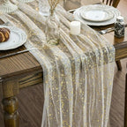 Artoid Mode 3Pcs Beige Gold Gauze Table Runner 120 Inch 10FT, Glitter Metallic Foil Sheer Dining Wedding Anniversary Holiday Birthday Table Decor for Home Party by ArtoidMode