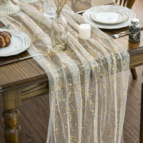 Artoid Mode 3Pcs Beige Gold Gauze Table Runner 120 Inch 10FT, Glitter Metallic Foil Sheer Dining Wedding Anniversary Holiday Birthday Table Decor for Home Party by ArtoidMode