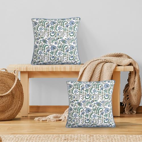 Ridhi Block Print Columbia Blue Cotton Pillow Cover 16" x 16" (Set of 2) - Image 2