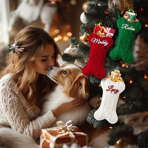 Personalized Dog Christmas Stockings 3 Pack, Custom Name Knitted Christmas Stockings, 16.9” Large Xmas Stocking for Dogs Cats Pets, Bone Shape Fireplace Hanging Holiday Xmas Party Decoration - Image 6