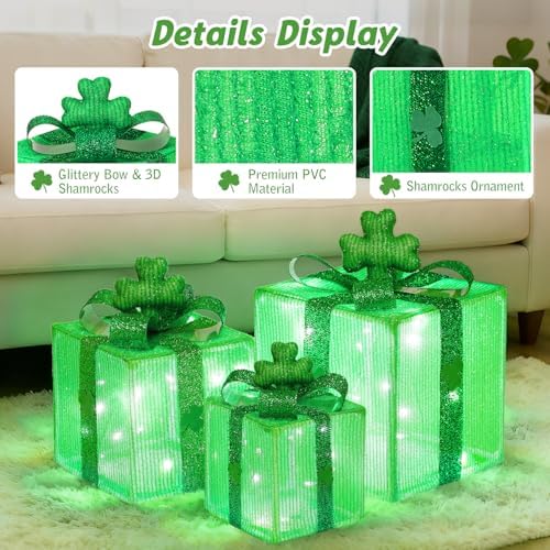 Lewondr St Patricks Day Decorations Lighted Gift Boxes with 3D Shamrocks, Green Decor Light Up Present Boxes for St Patrick's Day, USB Powered + Remote Control Lucky Clover for Indoor Home Holiday - Image 3