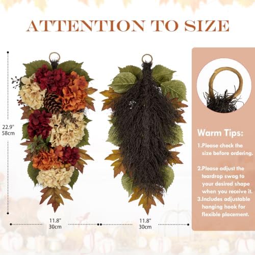 23" Fall Teardrop Swag Small Fall Hydrangea Wreath for Front Door Outside - Image 2