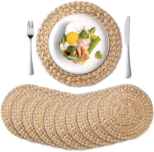 10 Pack, Round Woven Placemats, Natural Water Hyacinth Place mats, Braided Straw Table Mats for Dining Table, Christmas Placemats (13.8 inch) by YANGQIHOME