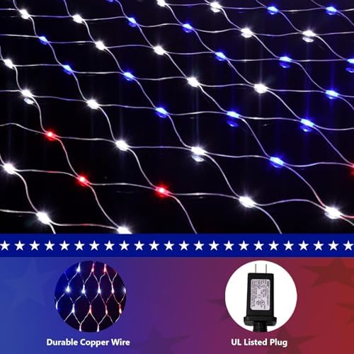 American LED Flag Net Lights Outdoor – 384 Super Bright Red White Blue Lights, Waterproof Patriotic Flag Light for 4th of July, Memorial Day, Independence Day, Yard, Garden, Wall Decor - Image 4