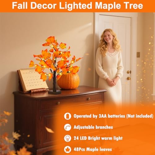 Fall Decor 2 Pack Fall Trees Artificial Lighted Maple Tree Thanksgiving Decor 48 LED Table Fall Lights Up Tree Battery Operated for Wedding Party Gifts Indoor Outdoor Autumn Harvest Home Decorations - Image 2