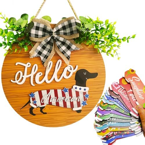 18 Pcs Interchangeable Seasonal Welcome Signs Front Door Decoration, Rustic Dachshund Seasonal Home Sign, Great Dog Gifts, Suitable for All Holidays Including Valentine's Day, Easter (Brown) by LITIALLY