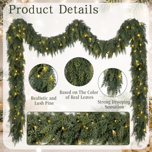12FT Christmas Cedar Garland with Lights Prelit Pine Garland Decoration - Image 3