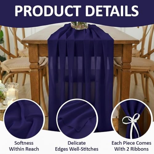 MDS Pack of 25 | Navy Blue | 10ft Chiffon Table Runner 29x120 Inches Long Romantic Rustic Sheer Gauze Runner for Wedding Bridal Shower Birthday Banquets Engagement Spring Easter Boho Decorations - Image 5
