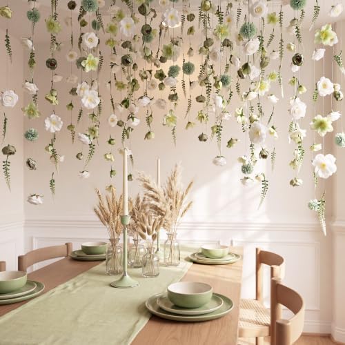 6 Pcs 35.4ft Wedding Artificial Flower Garlands with Hooks, Sage Green White Hanging Flower Vines for Wedding Table Arch Backdrop Decor - Image 3