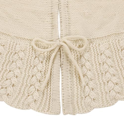 Ivory Knitted Christmas Tree Skirt, Cozy Cable Knit Design with Scalloped Edge and Ties, Rustic Farmhouse Holiday Décor for Christmas Tree Base(Ivory, 48") - Image 4