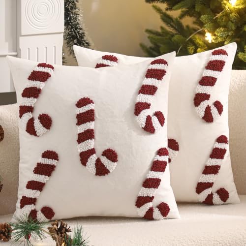 Christmas Tufted Throw Pillow Covers 18x18 Set of 2 Red Candy Cane by Tosleo