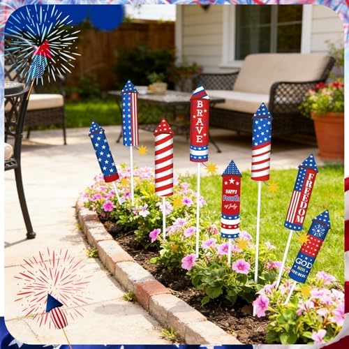 8 Pcs 4th of July Metal Firework Garden Stakes, American Flag Yard Sign, Patriotic Independence Day Memorial Day Decor for Outdoor Lawn, Yard, Garden, Walkway (Rockets) - Image 3