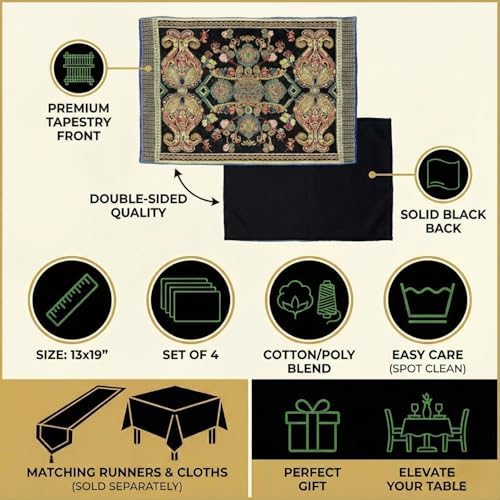Tache Set of 4 Black & Green Tapestry Placemats – Woven Floral Paisley Medallion, Rococo Baroque Style – Cotton Linen Cloth Table Mats for Dining, Kitchen & Holiday Decor (13" x 19") - Image 2