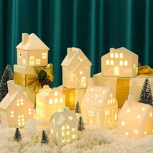 Cindeer 26 Pcs Ceramic Christmas Village Set LED Lighted White,Classic - Image 6