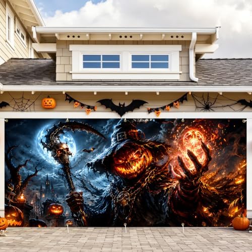 Halloween Garage Door Banner 7x16ft, Gothic Pumpkin Reaper Wizard by LEIWEIHOPE