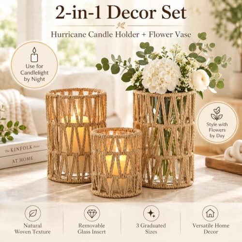 Baluue Rattan Hurricane Candle Holders Set of 3 Wicker Boho Lanterns - Image 2