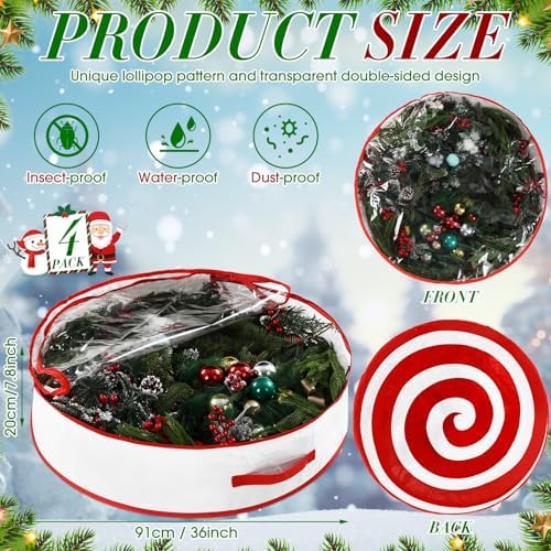 4 Pcs 36 Inch Christmas Wreath Storage Bags, Classic Lollipop - Image 2