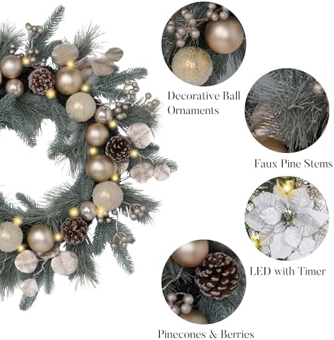 Valery Madelyn 24" Pre-Lit Christmas Wreath for Front Door with Lights - Image 5