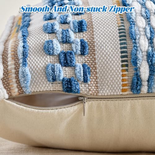 AmHoo Set of 2 Chenille Striped Textured Boho Throw Pillow Covers Aesthetic with Tassels Woven Decorative Pillow Case for Couch Bed Sofa Bedroom Modern Funky 18 x 18-Inch Sky Blue - Image 3