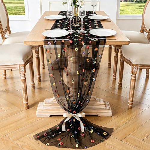 BINBE 12pcs Daisy Spring Table Runner Embroidery Gauze 10FT Florals Seasonal Tulle Holiday Birthday Kitchen Dining Table Decor for Home Party Black - Image 2