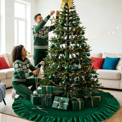 72 Inches Velvet Christmas Tree Skirt Decorations Green Luxury Xmas Fur Plush Skirts for Merry Christmas Party Rustic Vintage Holiday Home Winter - Image 7