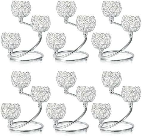 Metal Crystal Candle Holder Set of 6 - Elegant 3-Arm Tea Light Centerpiece with Shining Crystal Bowl, Wedding Anniversary Table Decor for Dining, Party (Silver, 6 Pcs 3 Arm) by kehail