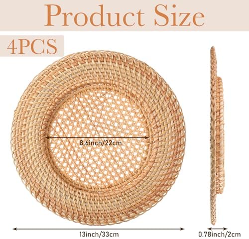 4 Pack Woven Round Rattan Chargers 13 Inch, Natural - Image 3