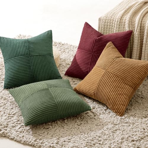 MIULEE Boho Christmas Green Decorative Throw Pillow Covers 20x20 Set of 4 Farmhouse Cushion Covers Color-Clash Corduroy Pillow Cases Modern Soft Corduroy Patchwork Home Decor for Couch Sofa Bedroom - Image 5