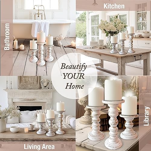 Large Candle Holders for Pillar Candles (3 Piece Set) Tall Rustic Wood Farmhouse Pillar Candlestick Stands - Fits 4 inch inch Wide Pillar Candles - Modern Candle Holder Decor (Antique White) - Image 5