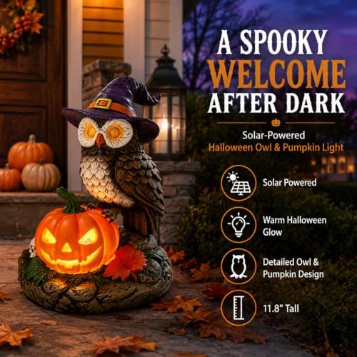 Solar Halloween Owl Figurine Light, Lighted Resin Owl Statue with Pumpkin, Outdoor Garden Decor for Porch, Yard and Patio, Seasonal Landscape Decoration - Image 5