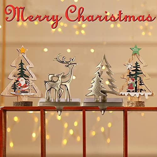 Set of 4 Christmas Stocking Holders for Mantle and Tree - Reindeer, Snowflake, Snowman Designs - Bronze Fireplace Stocking Hangers - Image 5