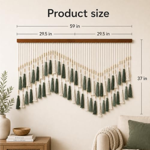 Large Boho Macrame Wall Hanging 59×37", Farmhouse Hanging Green & White - Image 3