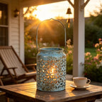 Vintage Metal Candle Lanterns with Handle Rustic Distressed Blue Decorative Candle Holder with Floral Cut-Out Design for Home, Garden, Patio, Porch, Parties, Weddings Decor - Image 6