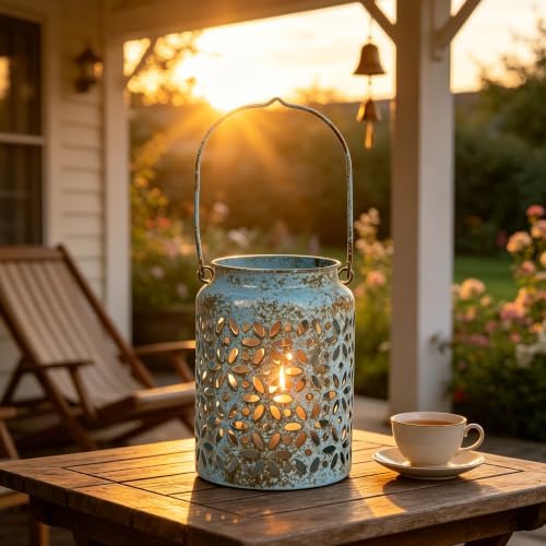 Vintage Metal Candle Lanterns with Handle Rustic Distressed Blue Decorative Candle Holder with Floral Cut-Out Design for Home, Garden, Patio, Porch, Parties, Weddings Decor - Image 6