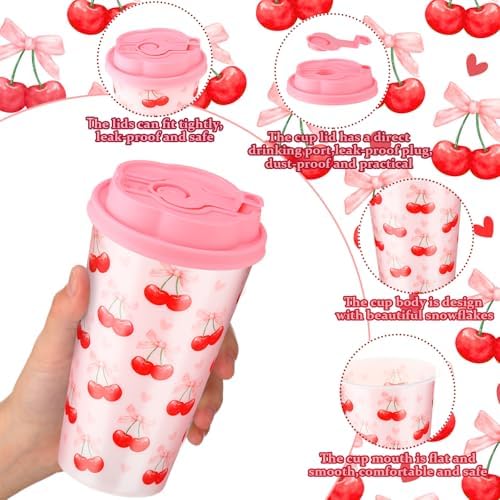 24 Sets Cherry Bow Plastic Cups 16 oz Reusable Cherry Cups with Lid and Straw Keychains for Women Birthday Wedding Baby Shower Party Supplies - Image 3