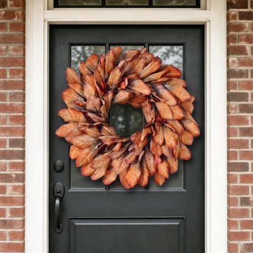 26" Artificial Fall Magnolia Leaf Wreath for Front Door Decoration (Orange) - Image 2