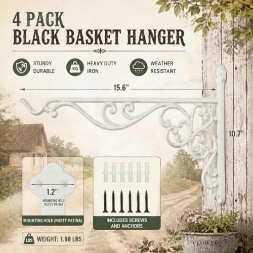 Landhoow 4 Pcs 15.6" Cast Iron Hanging Outdoor Wall Hanger, White - Image 3