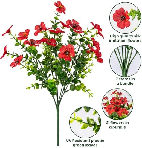 20 Bundles Artificial Flowers for Outdoor, Fake Plants Spring Decor,Red - Image 3