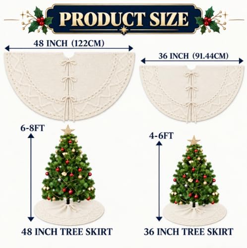 36 Inch White Knitted Christmas Tree Skirt Small Thick Cable Knit Round Cream for 4ft 5ft Tree Rustic Farmhouse Neutral Christmas Decor Tree Base Cover Xmas Home Decor (White-02) - Image 2
