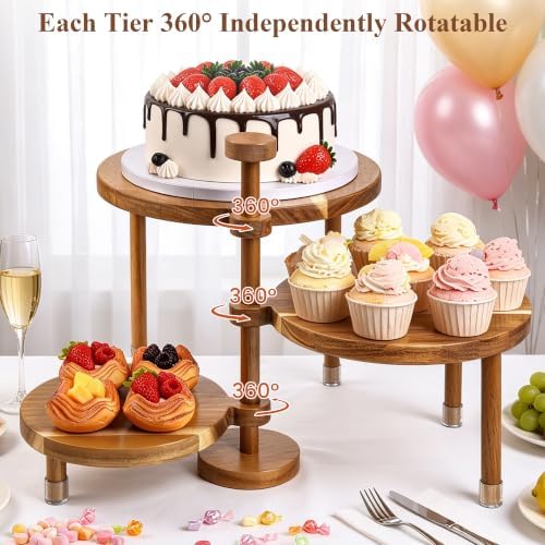 LOVYANXUE Acacia Wooden Cupcake Stand, 3 Tier Round Cake Stand 360° Rotatable Cupcake Tower with Tiered Serving Tray, Wood Dessert Table Display Set, Tiered Tray Stand for Party, Wedding (12/10/8 IN) - Image 3