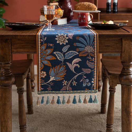 Vintage Floral Jacquard Table Runner with Multi-Color Tassels Luxury French Farmhouse Spring Table Runners Blue for Home Decor Dining Kitchen Living Room Coffee Tables 87" by EphyrosaHome