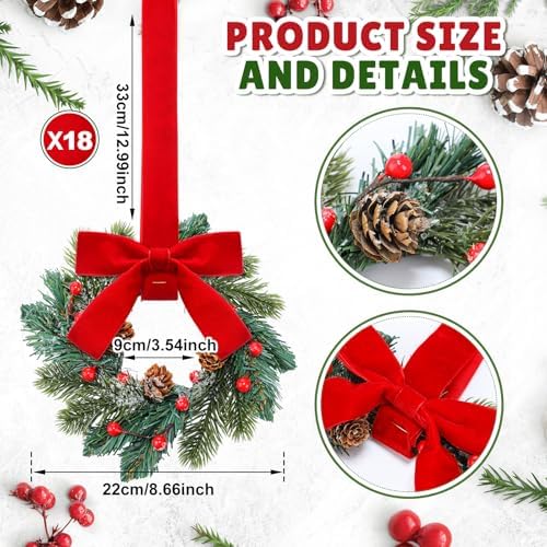 Knitgrip 18 Pcs Mini Christmas Kitchen Wreath with Red Bow Pine Cone Decor - Image 2