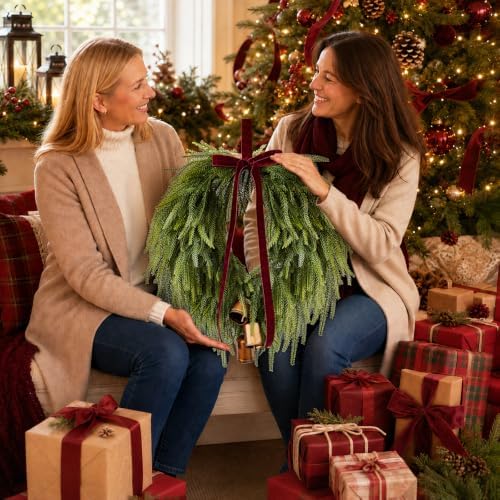 24” Christmas Wreaths for Front Door, Norfolk Pine Wreath Bow Bells - Image 7