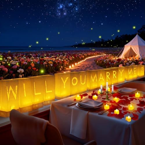 Will You Marry Me Decorations – Romantic Setup Kit with Light Up Letters, 30 Tea Light Candles, 2000 Rose Petals, 10 Balloons – Luminary Bags for Proposal Decoration(W) - Image 3