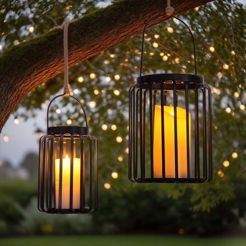 Farmhouse Lantern Decor Set of 2 - 9.5" & 14.2" Metal Candle Holders, Rustic Modern Vintage Style for Indoor Outdoor, Porch Patio Fireplace Mantle Wedding Decor (Black) - Image 6
